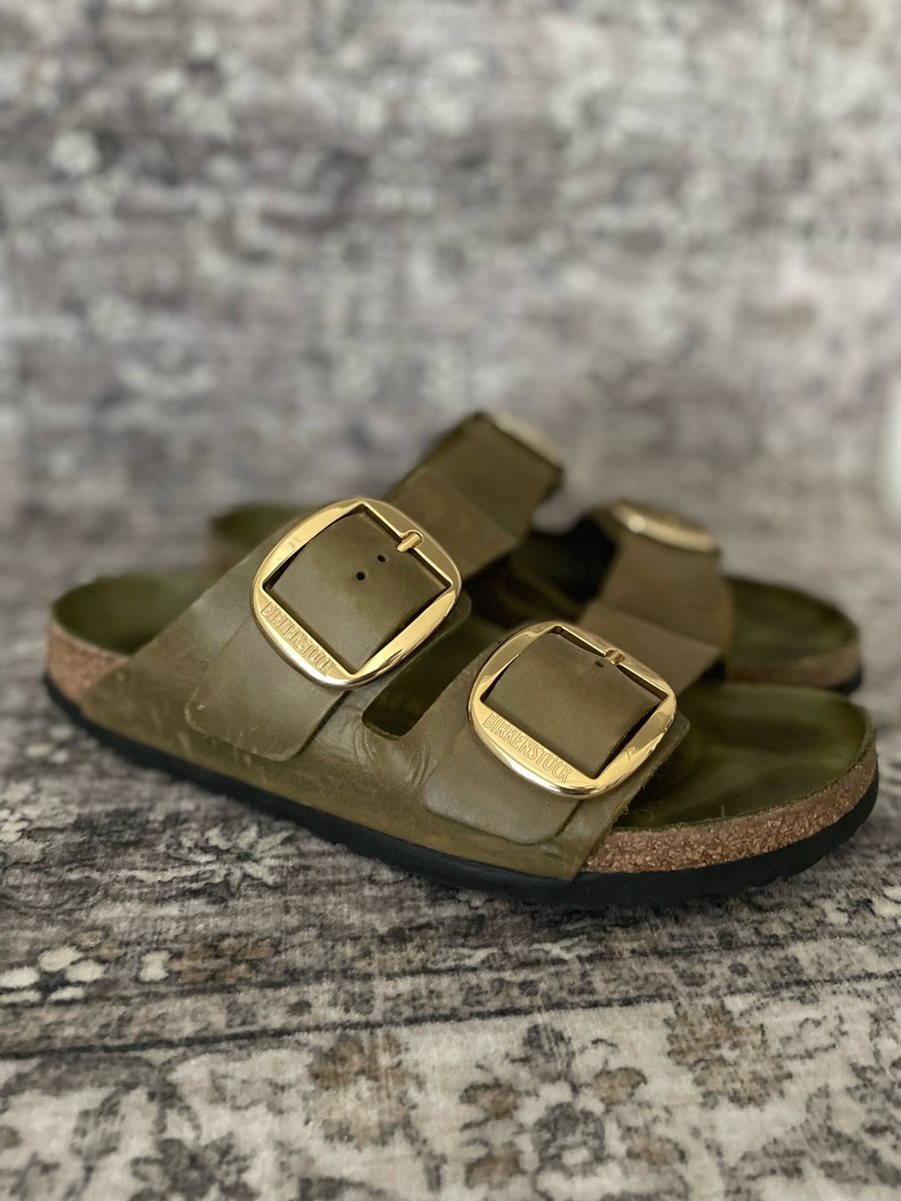 Birkenstock Big Buckle Arizona Olive Green Oiled Leathee Sandals Size 41 Gold - Picture 2 of 10